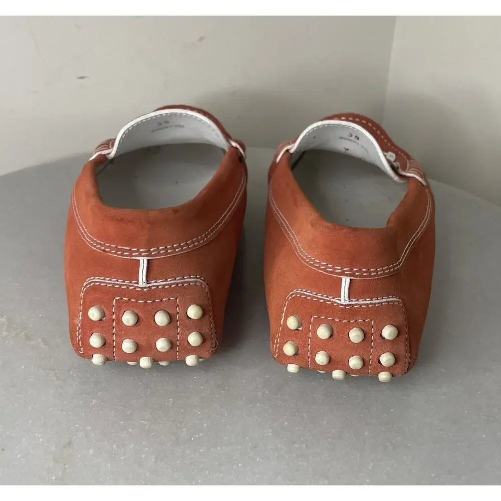 Tod’s Gommino Rust Suede Leather Driving Loafers White Horsebit Buckle 39 / 8.5